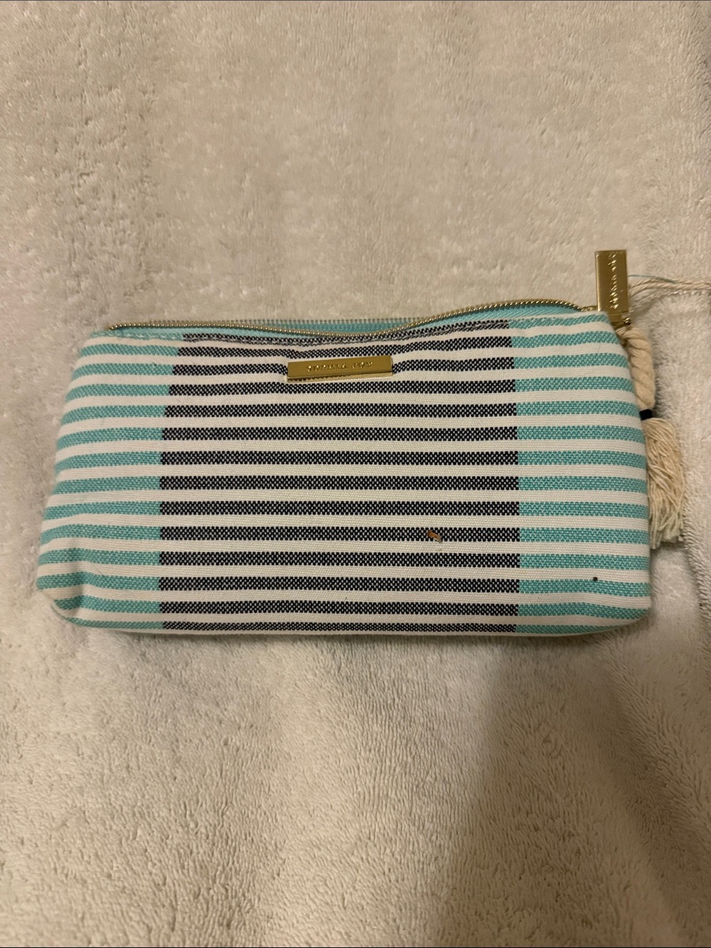Striped Zip Cosmetic Pouch in Mint & Navy by UNKNOWN